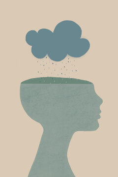 Mental health concept with clouds on human head against gray wall