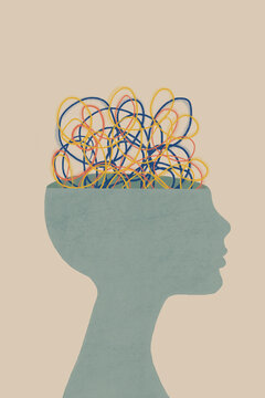 Illustration of mental health concept of human head thoughts against gray wall