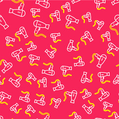 Line Hair dryer icon isolated seamless pattern on red background. Hairdryer sign. Hair drying symbol. Blowing hot air. Vector