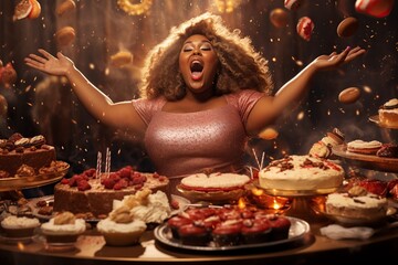 plus size black woman with her arms open and outstretched sitting at the table