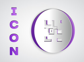 Paper cut QR code sample for smartphone scanning icon isolated on grey background. Paper art style. Vector