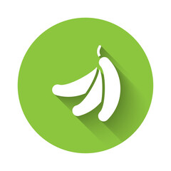 White Banana icon isolated with long shadow background. Green circle button. Vector