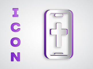 Obraz premium Paper cut Christian cross on mobile phone icon isolated on grey background. Church cross. Paper art style. Vector