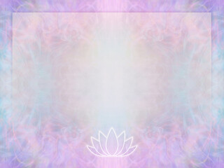 Lotus flower outline logo memo frame template - lotus symbol in bottom centre on pale pink blue lilac frame border background ideal for award, diploma, advert, invitation, event or course content
