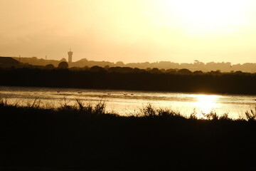A beautiful landscape during the sunset. The wide lagoon of the Salted Marshes, Guerande, France....
