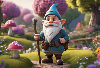 Obraz premium Bearded gnome in blossoming garden. Generative AI