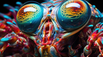 Obraz premium Vibrant mantis shrimp underwater on coral reef. Sea life macro background..