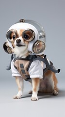 Dog wearing astronaut costume for carnival party. Cute funny puppy dogs dressed up in Halloween costumes. Humanised animals concept..