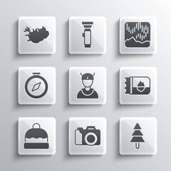 Set Photo camera, Tree, Ticket in Iceland, Viking head, Beanie hat, Compass, Map of and Northern lights icon. Vector