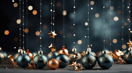Blue christmas baubles with golden stars and bokeh background