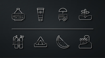 Set line Signboard with text Hotel, Aqualung, Road traffic sign, Watermelon, Tourist tent, Sunscreen cream in tube, Sand castle and Fast street food cart icon. Vector