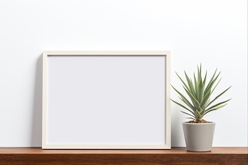 Horizontal Frame Mockup in Minimalist Interior with Plant on White Wall Background. Blank Template for Artwork, Painting, Poster or Picture
