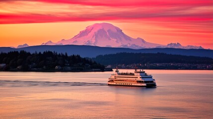 Majestic Mount Rainier at Sunrise - A Ferry Commuting across Puget Sound in a Stunning Washington Landscape of Pacific America - obrazy, fototapety, plakaty