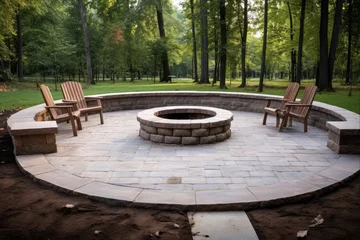 Fotobehang Incomplete Brick Paver Patio Hardscape with Stone Fireplace and Seating Wall Under Construction for Home Improvement in Suburban Backyard © AIGen
