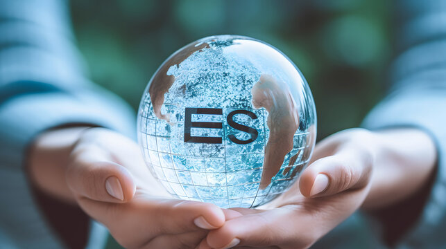 ESG environment social governance concept. Hand - holding crystal globe with ESG icon around it. Business cooperation for a sustainable environment. World sustainable environment concept