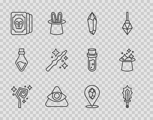 Set line Magic staff, sword in fire, stone, All-seeing eye of God, Tarot cards, wand, and hat icon. Vector