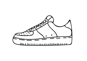 Sneakers in doodle cartoon style. Hand drawn scribble sport shoe. Outline tattoo or clothes print sketch (Full Vector)