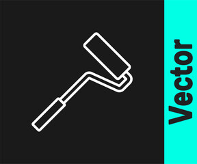 White line Paint roller brush icon isolated on black background. Vector