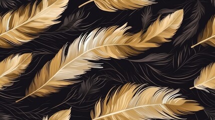 Seamless pattern with Luxury gold feather on dark background. Bird feathers hand drawn abstract design for banner, decoration, wall art, invitation, wedding, card and fabric. Generative AI - obrazy, fototapety, plakaty