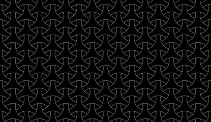 Seamless surface pattern design with traditional japanese ornament. Three pronged blocks tessellation. Repeated black interlocking figures on white background. Bishamon armor motif. Sashiko embroidery