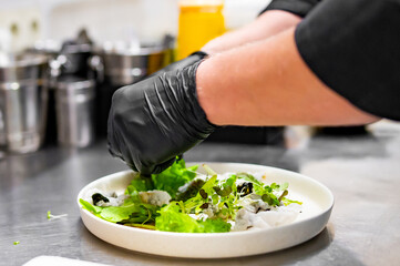 chef hands cooking salad with vegetables on kitchen