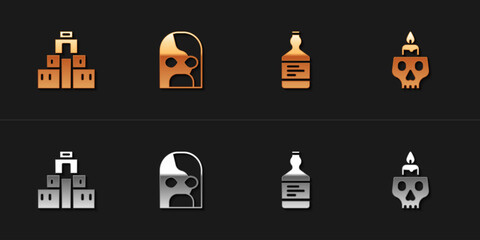 Set Chichen Itza in Mayan, Mexican wrestler, Tequila bottle and Burning candle on skull icon. Vector