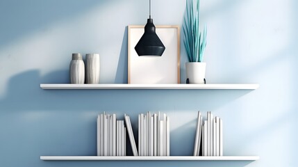 Blue virtual background with wooden bookshelf