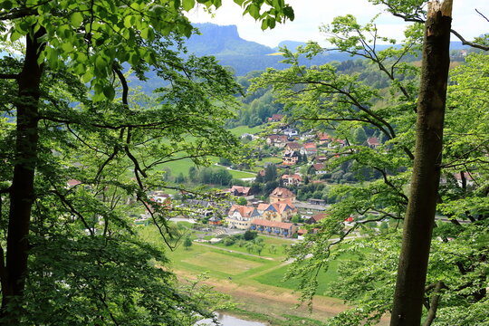 Panoramic birdview over monumental Bastei sandstone pillars near Kurort Rathen village in the national park Saxon Switzerland by Dresden and Elbe river, Saxony, Germany