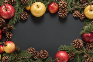 Winter decor from fir branches, cones and apples on a black background for postcards. Flat winter composition with empty space.