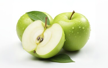 Green apple with leaf, isolated on white background