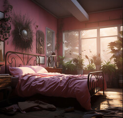A bedroom with a bed, a moody vibe, pink walls, and plants everywhere