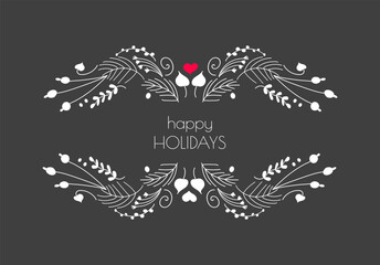 Christmas Chalkboard hand drawn illustration with twigs, leaves, hearts, tree sprigs in doodle style