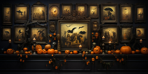 Halloween castle interior with pumpkins, pictures, candles. Horror Halloween game - obrazy, fototapety, plakaty