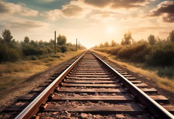 Afwasbaar Fotobehang Treinspoor Photograph of Bare Train Tracks: Minimalist Railway Scene