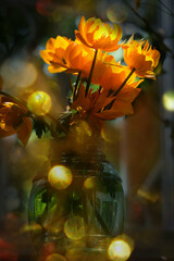 Retro summer still life . FAiry atmospheric mood, dreamy aura. Globeflower in glass vase. Yellow flowers Trollius. Wabi Sabi style. Sunrise or sunset. Soft elegance sunlight. Minimal interior details