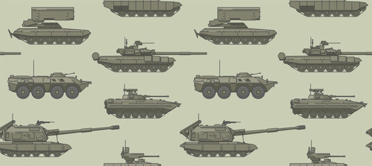 Russian military vehicles background. Seamless pattern with tanks, artillery, armored vehicles and other. Vector illustration