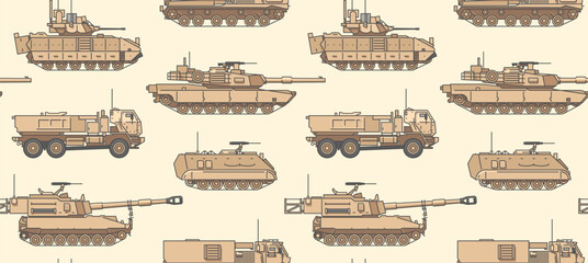 US military vehicles background. Seamless pattern with tanks, artillery, armored vehicles and other. Vector illustration