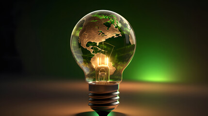 Renewable Energy. Environmental protection, renewable, sustainable energy sources. The green world map is on a light bulb that represents green energy Renewable energy that is important to the world