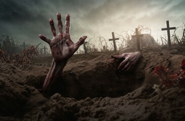 Zombie hand cemetery fear. Generate Ai