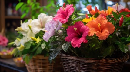 Colorful Hibiscus flowers in a Basket, Isolated in a Flower Store. Red Hibiscus. Mother's day concept with a copy space. Valentine day concept with a copy space.