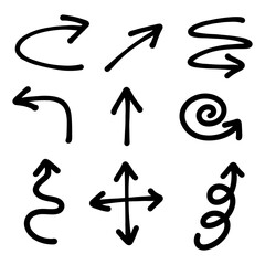 Collection hand drawn arrows. Set simple arrows isolated on white background. Arrow mark icons.