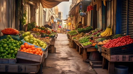 A vibrant outdoor market with stalls overflowing with fresh fruits, vegetables, and local produce - obrazy, fototapety, plakaty