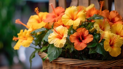 Orange Hibiscus flowers in a Basket, Isolated in a Flower Store. Red Hibiscus. Mother's day concept with a copy space. Valentine day concept with a copy space.
