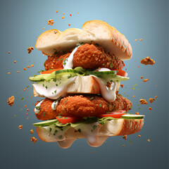 design of a flying arabic bread sandwich containing falafel, chooped tomatoes, pickles, and chopped parsley, and there is tahini sauce dripping from it