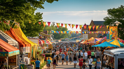 A vibrant summer festival with colorful decorations, food stalls, and live music