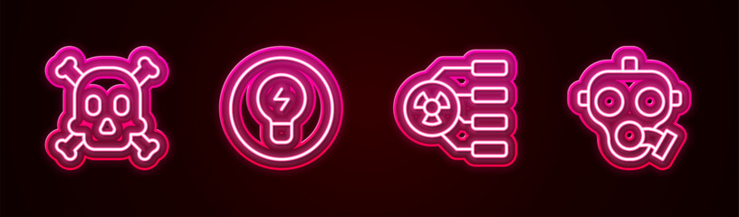 Set line Bones and skull warning, Light bulb with concept of idea, Radioactive and Gas mask. Glowing neon icon. Vector