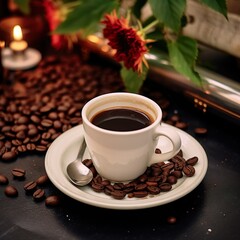 Fototapeta premium coffee cup with beans on a dark wooden background with flowers 