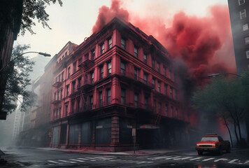 Fototapeta premium Empty Building with Eerie Red Smoke: Atmospheric Urban Scene