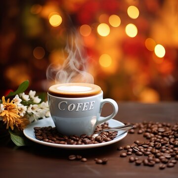 coffee cup with beans on a dark wooden background with flowers 
