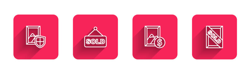 Set line Auction painting, sold, and with long shadow. Red square button. Vector